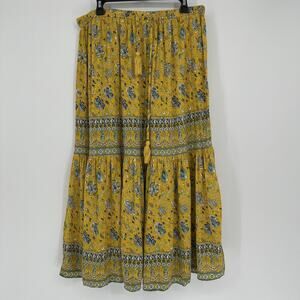 Violet Sky Skirt Womens Large Yellow Floral Boho Tiered Maxi India Rayon Tassel